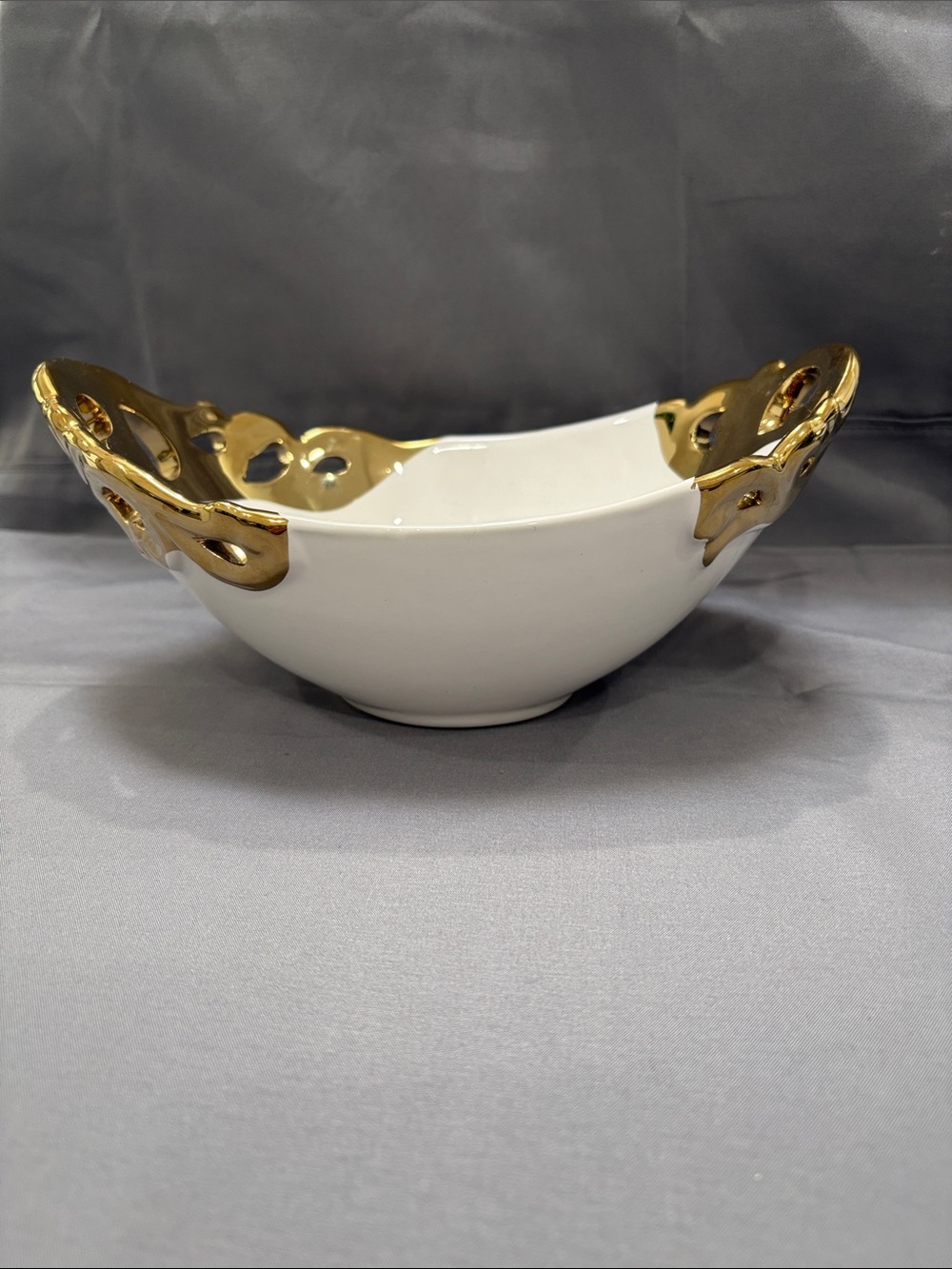 222 Fifth Elegant White Serving/Decorative Bowl with Gold Accent Edges
